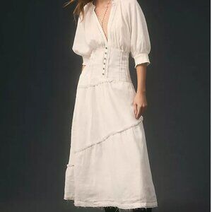 Anthropologie V-Neck Corset Linen Midi Shirt Dress